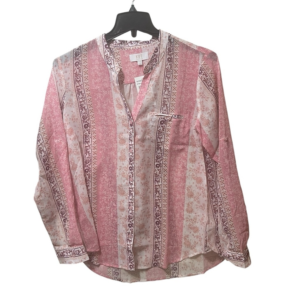 Kut from the Kloth Pink Button Front Semi Sheer Work Interview Top sz L NWT
